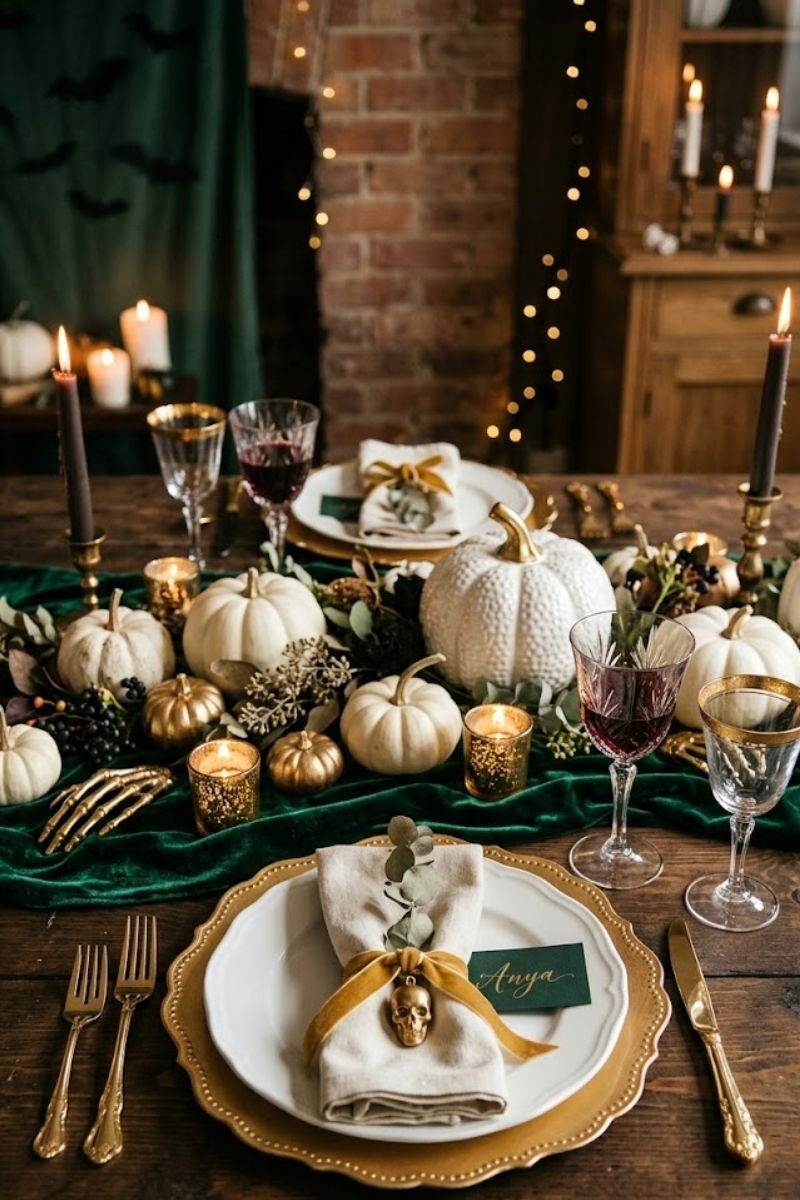 Forest green gold Halloween tablescape velvet runner gold charger white pumpkin elegant