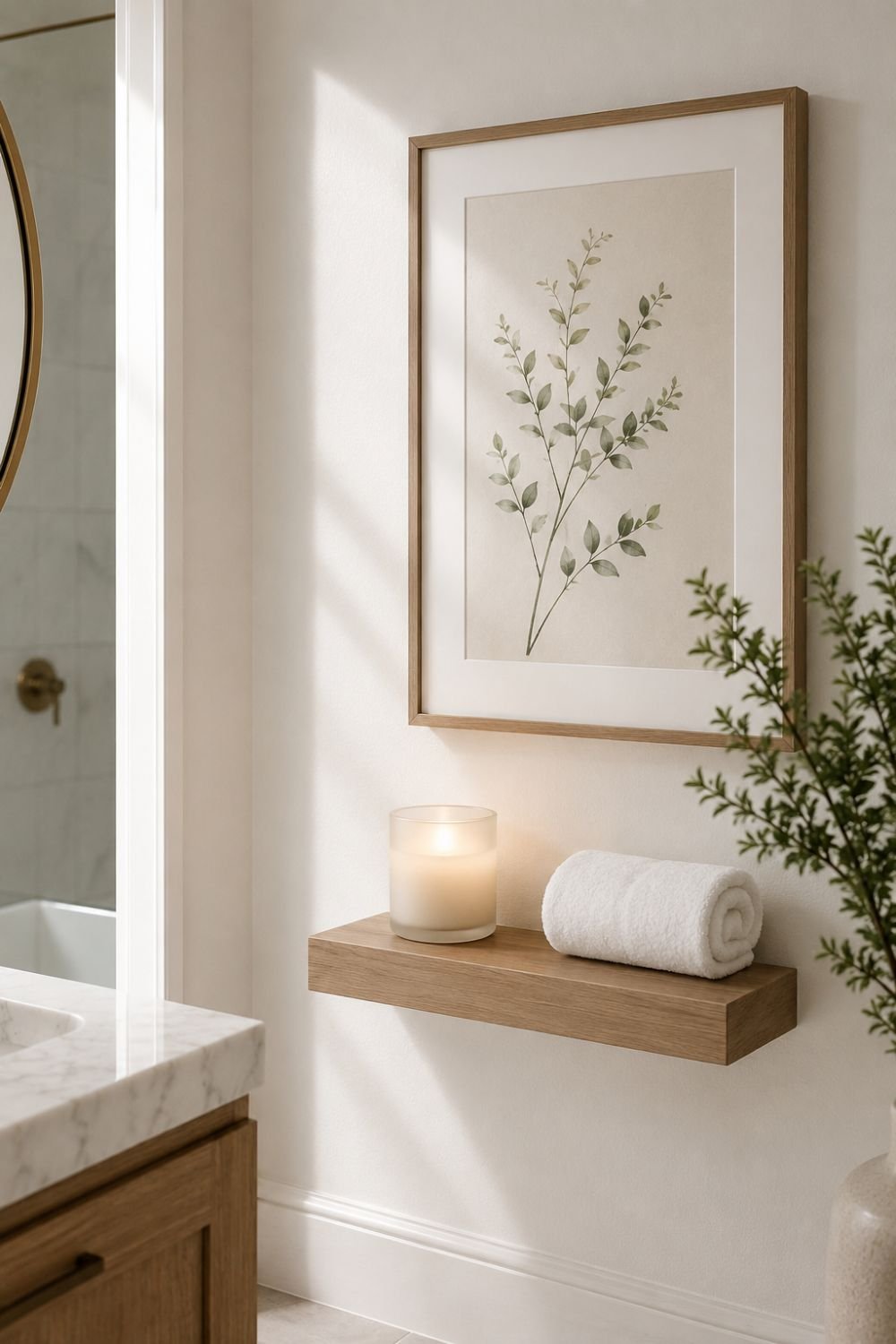 Framed botanical art print on white bathroom wall above shelf with candle