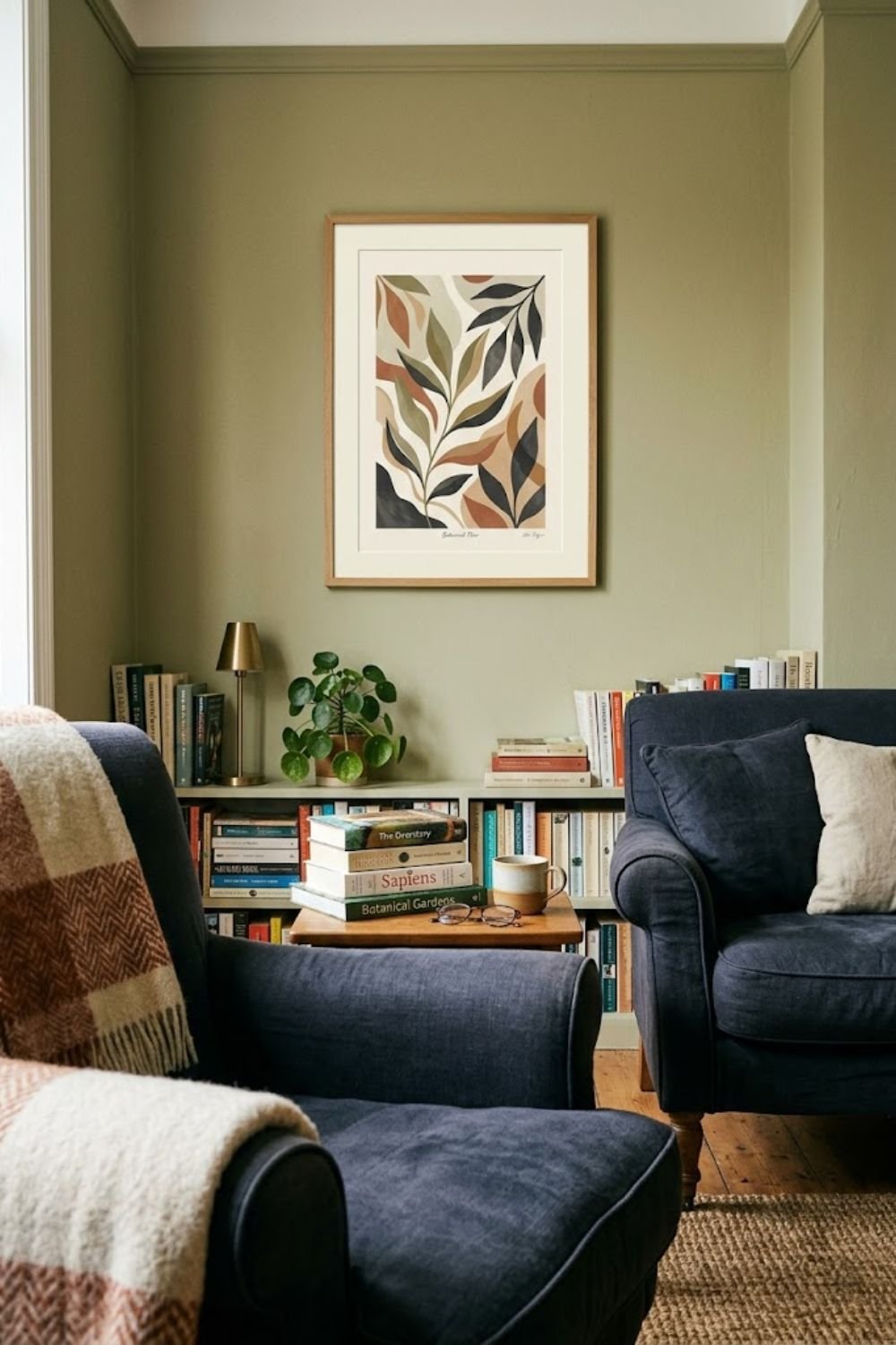 Framed print hung at eye level from a reading chair on a warm white wall