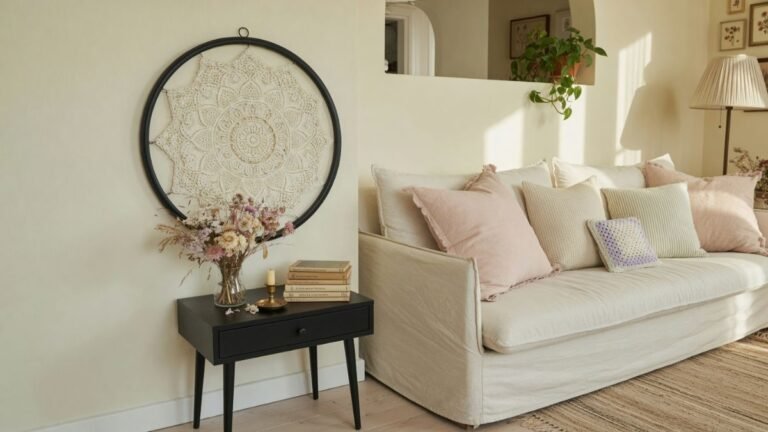 Framed white doily on living room wall with dried flowers and vintage books