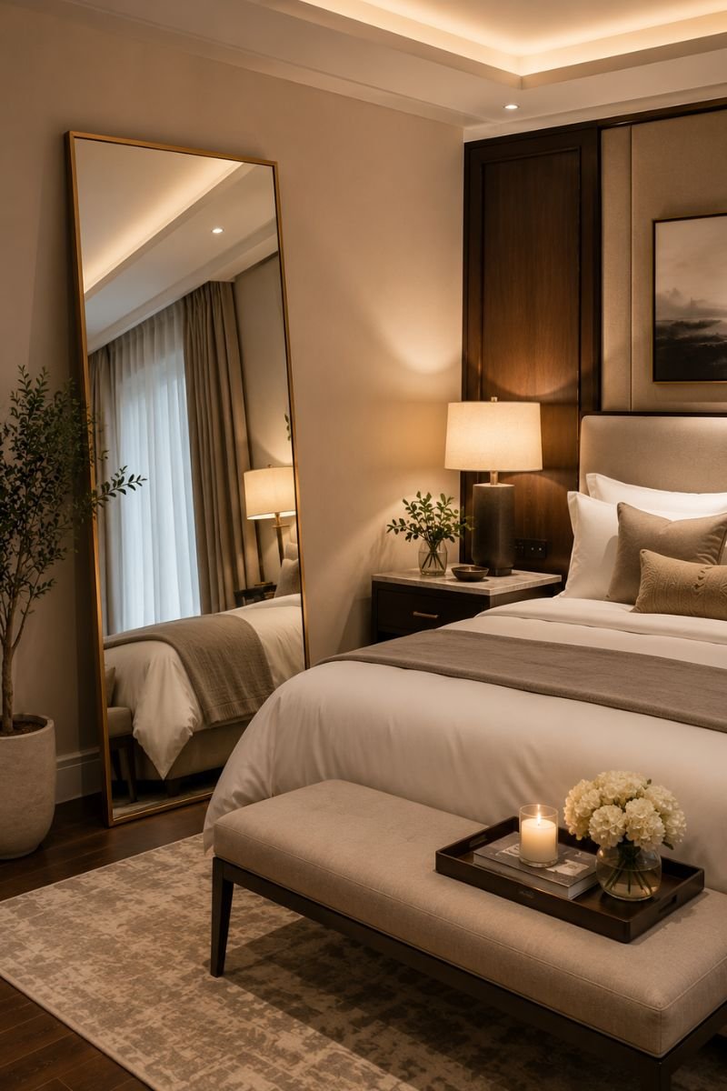 Full length mirror leaning against wall in a cozy luxury hotel bedroom