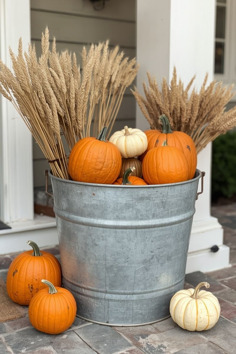 Galvanized tub bucket pumpkins gourds wheat stalks farmhouse fall decor