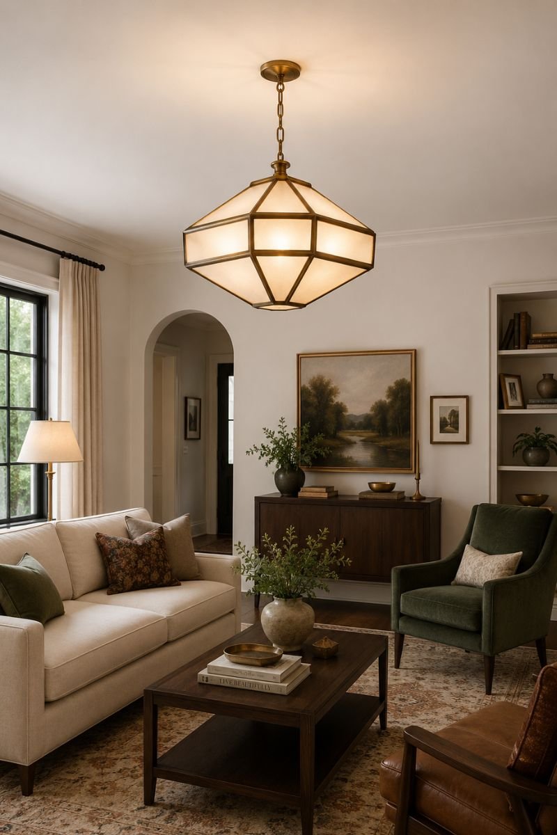 Geometric brass chandelier with frosted glass panels above a living room seating area