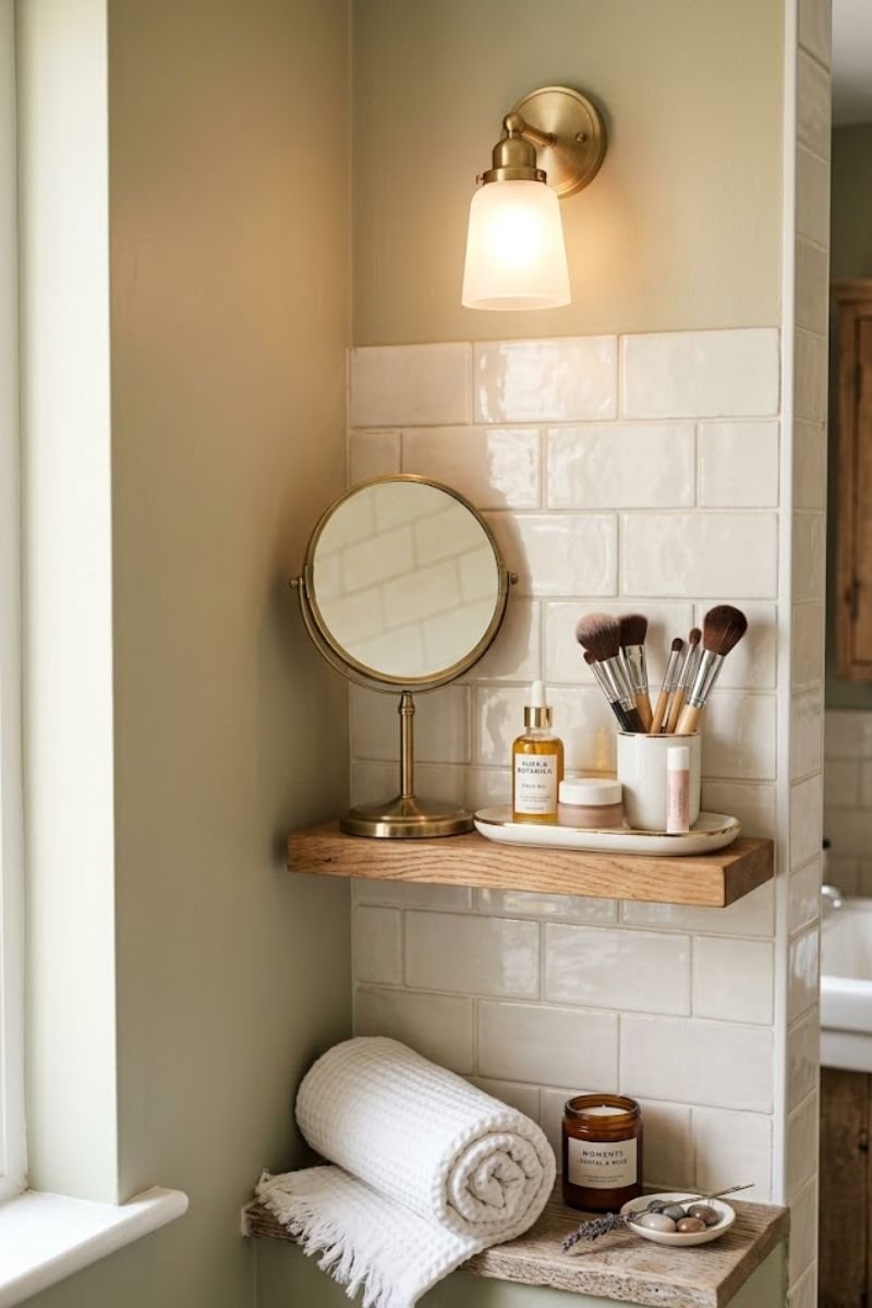 Getting ready corner with desktop mirror makeup tray and lighting in small bathroom