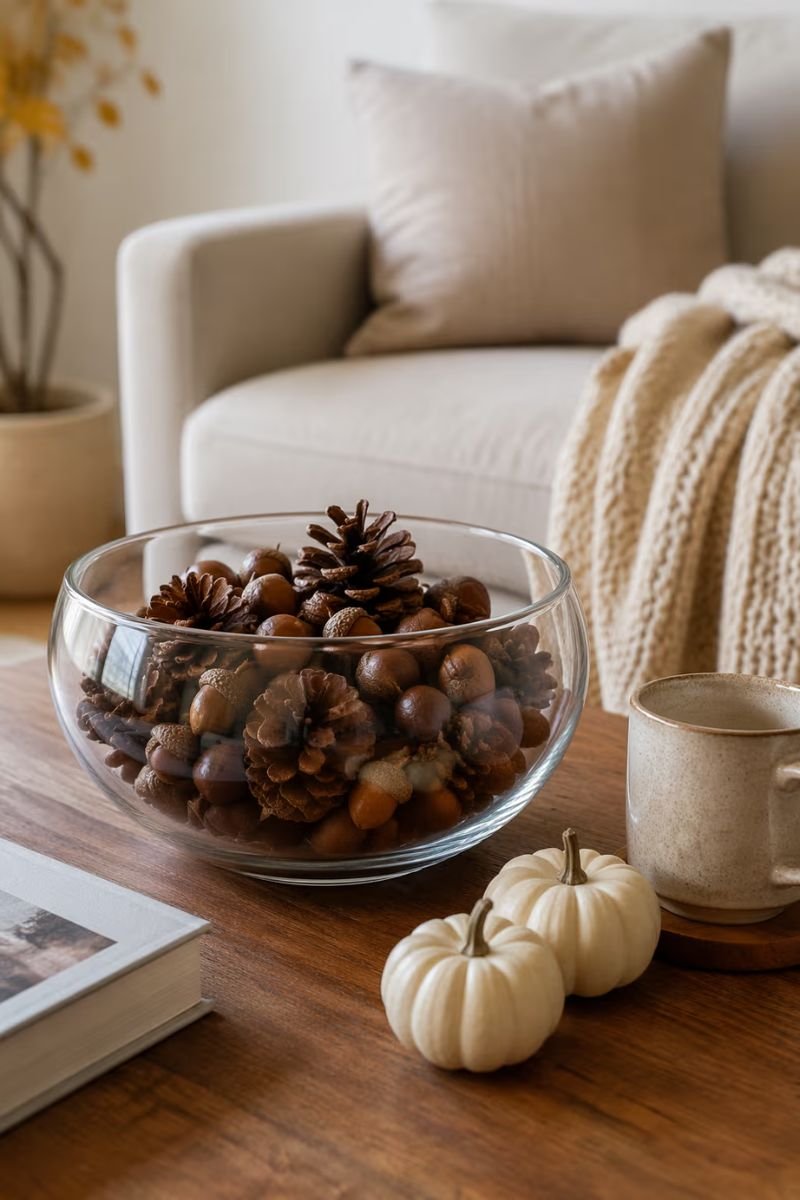Glass bowl with acorns and pine cones as fall living room table decor