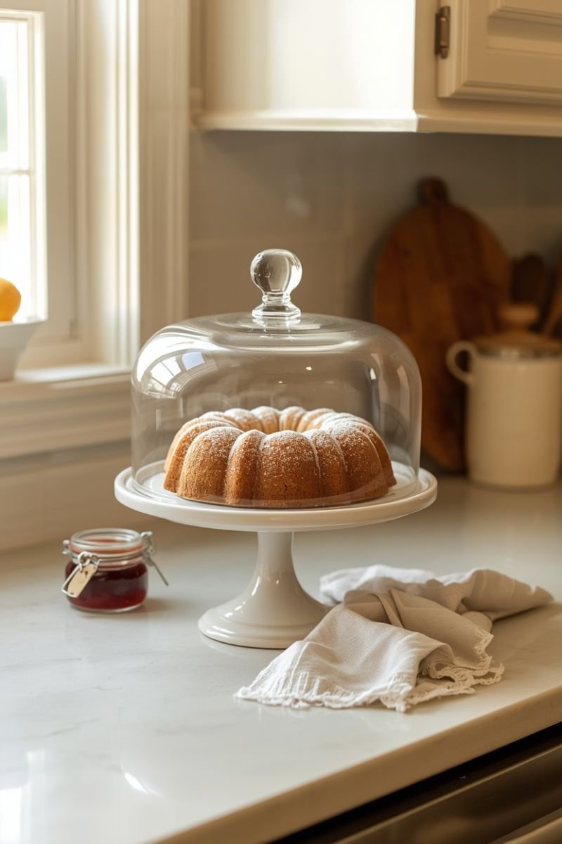 Glass domed cake stand with bundt cake on a kitchen counter in natural light