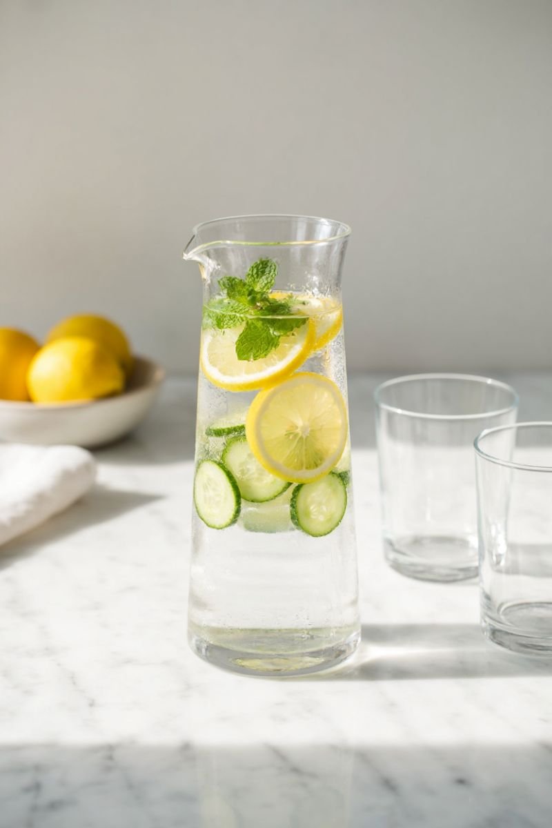 Glass pitcher of lemon cucumber mint infused water on a kitchen counter in natural light