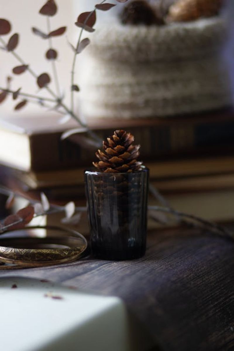 Glass vase jar filled acorns pinecones dried corn fall decor