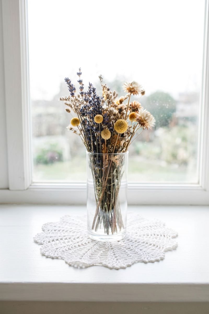 Glass vase with dried flowers sitting on a white doily near a sunny window