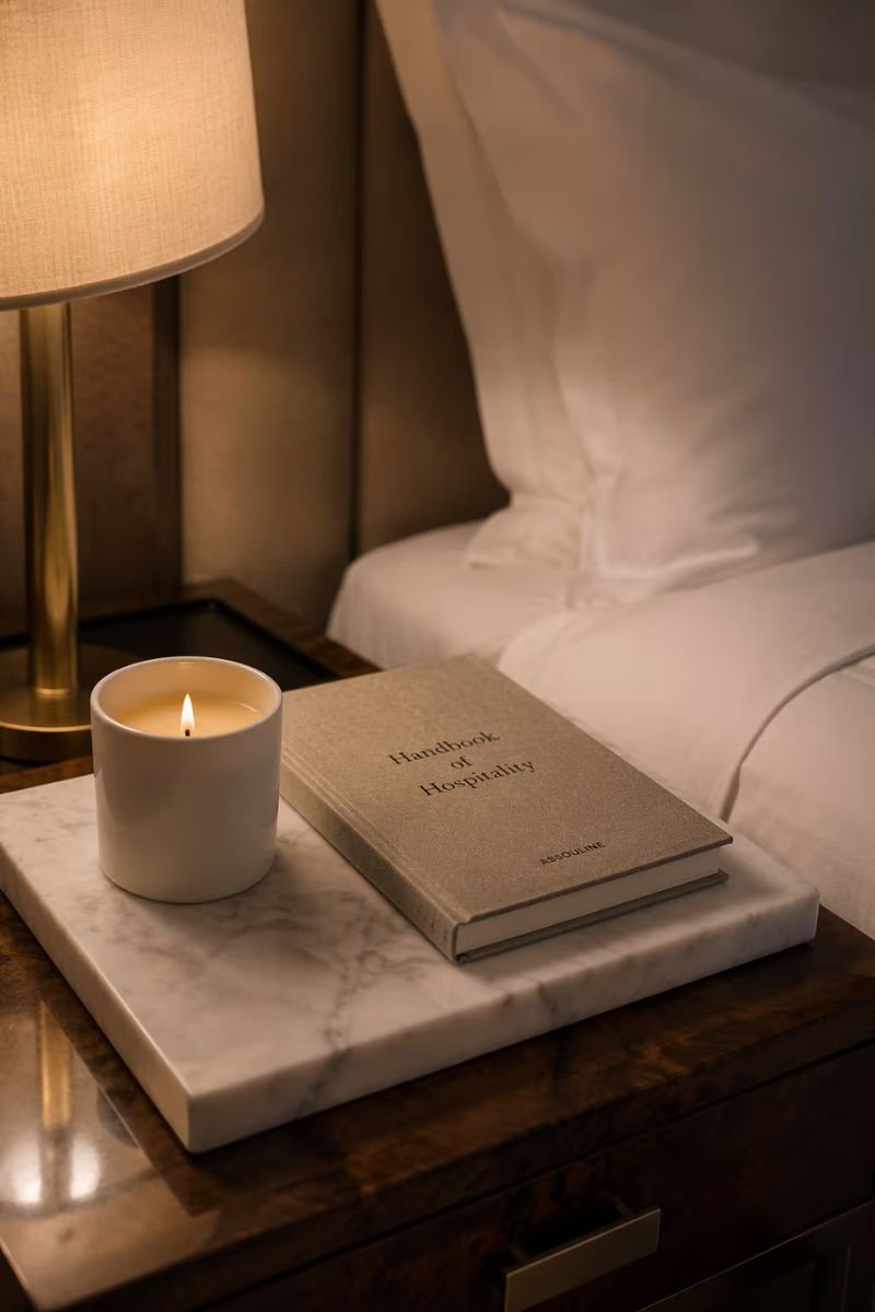Glass water carafe and glass on a nightstand in a luxury hotel style bedroom