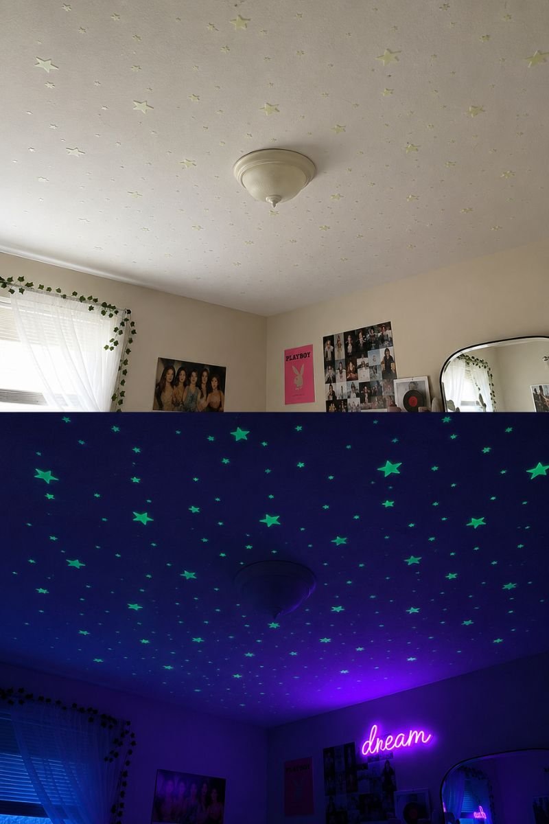 Glow-in-the-dark stars on white bedroom ceiling in Y2K style
