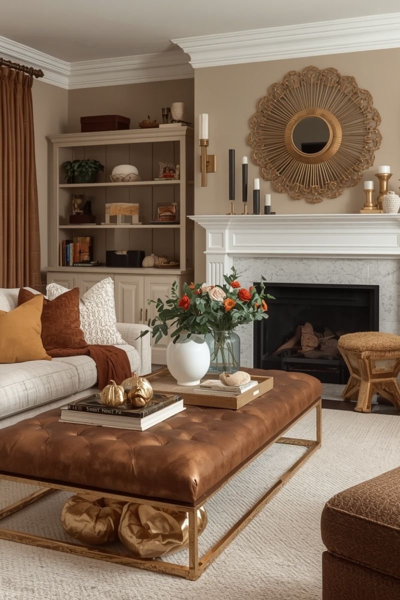 Gold and bronze metallic accents styled in a warm fall living room 