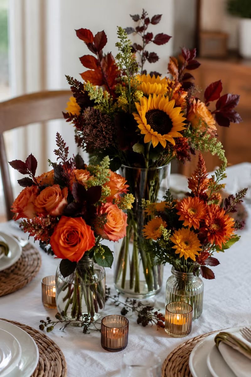 Grocery store fall flowers budget Thanksgiving centerpiece glass jars vases grouped