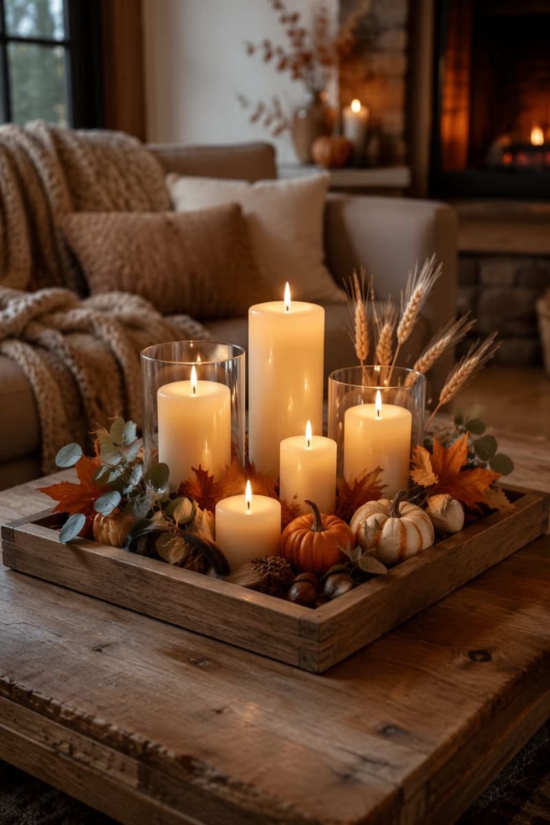 Grouped fall pillar candles on a tray as cozy living room decor