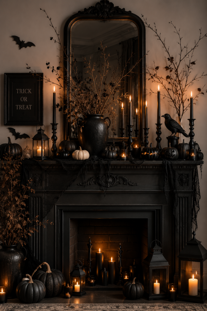 Halloween mantel decor with black and ivory candles, dried branches, and skull accents 