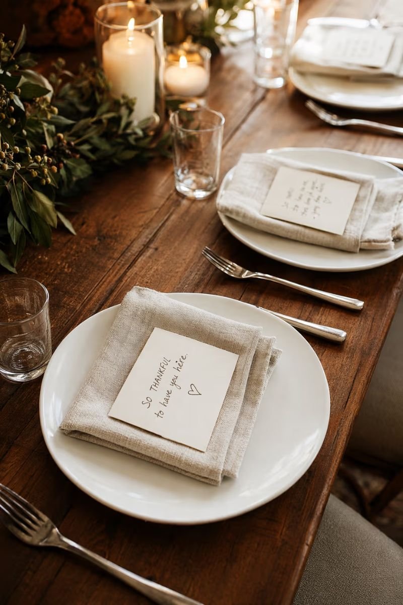 Handwritten gratitude card place setting Thanksgiving table personal detail