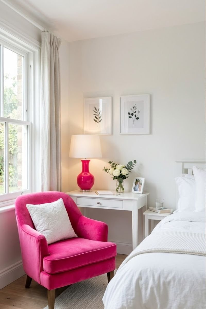 Hot pink accent chair in white bedroom with matching hot pink desk lamp