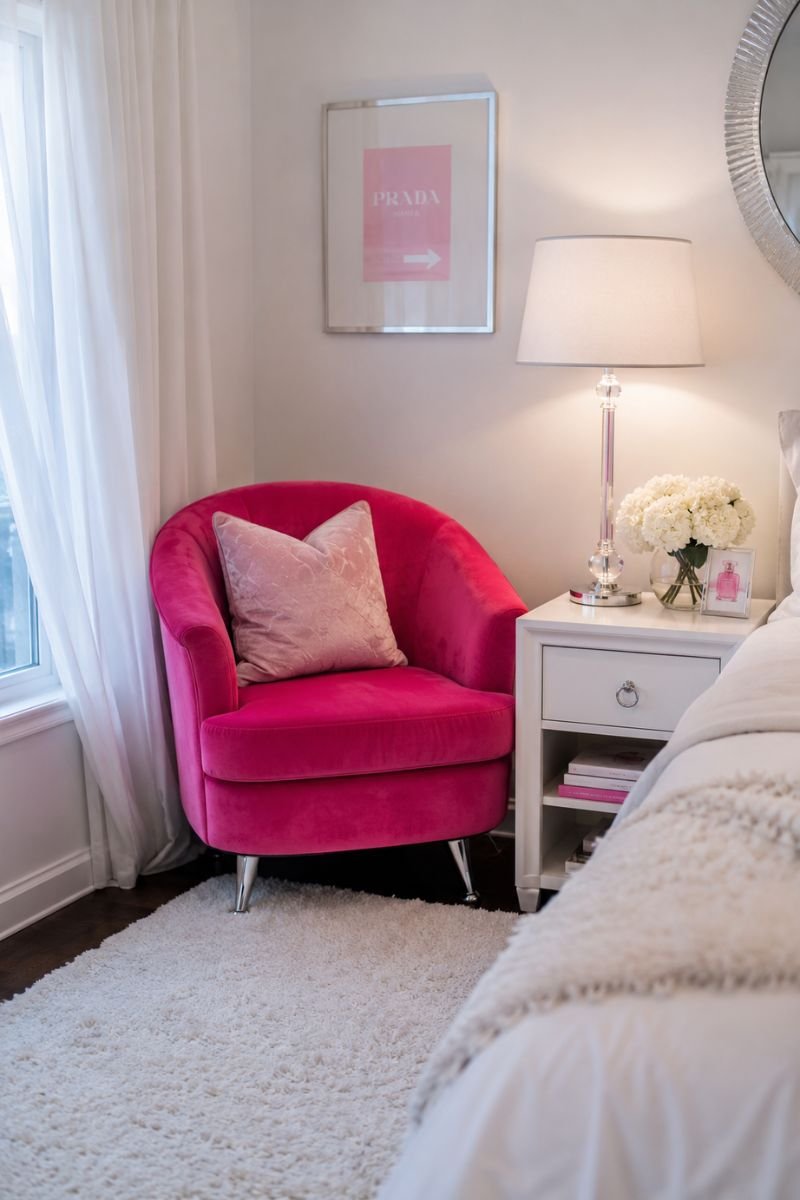Hot pink velvet chair in Y2K styled white bedroom