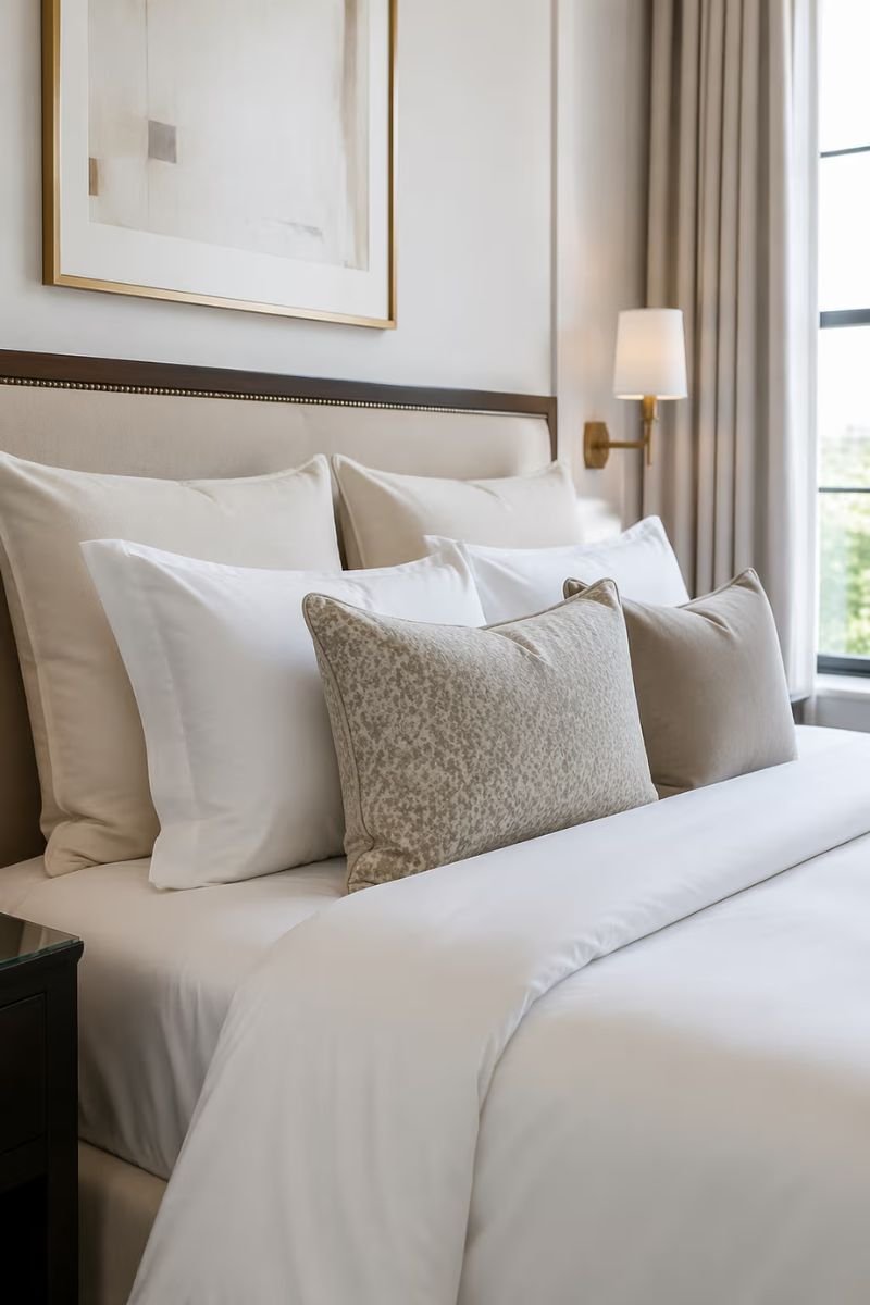 Hotel style layered pillow arrangement on a cozy bedroom bed