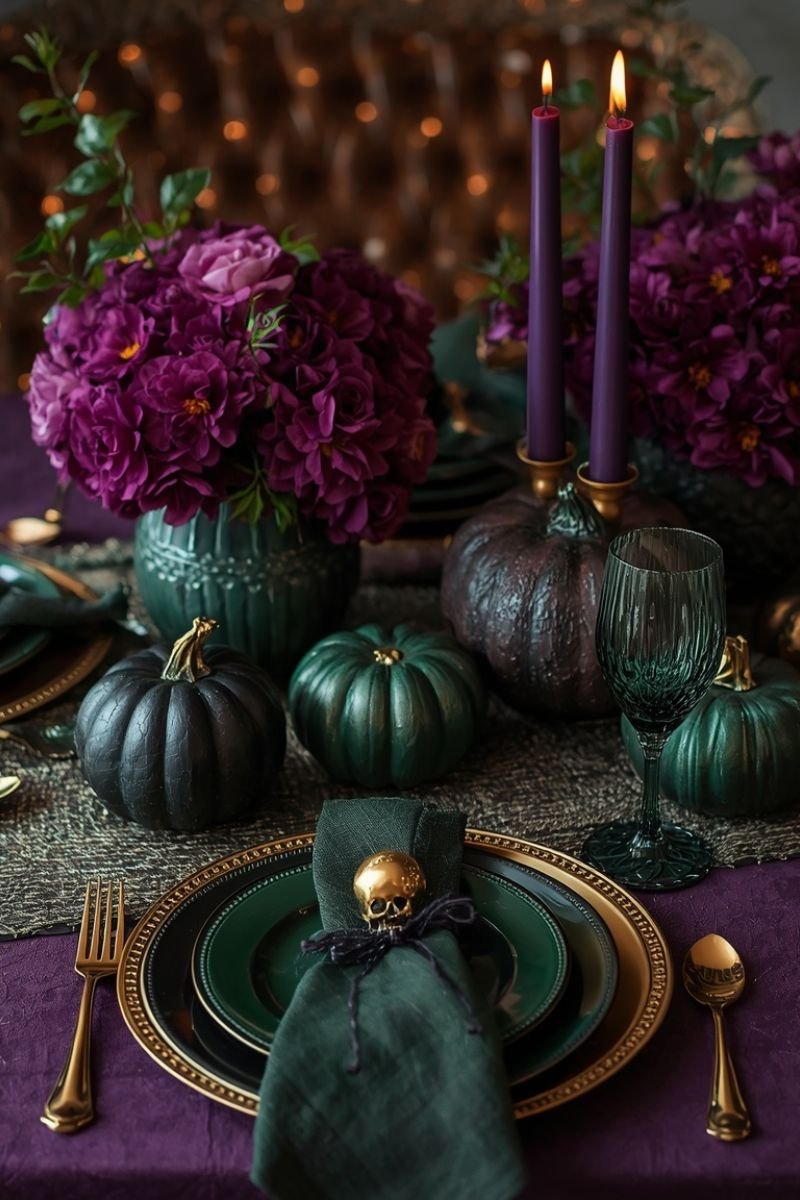 Jewel tone Halloween tablescape deep purple emerald green gold elegant gothic dinner