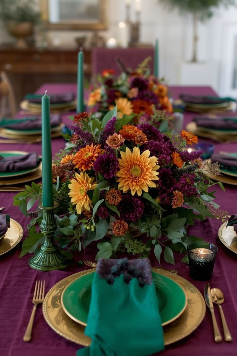 Jewel tone Thanksgiving tablescape purple emerald gold dahlias lisianthus candles