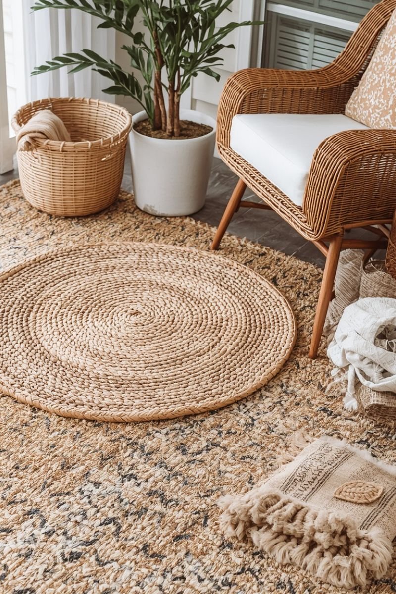 Jute and sisal outdoor rugs layered on a coastal summer porch