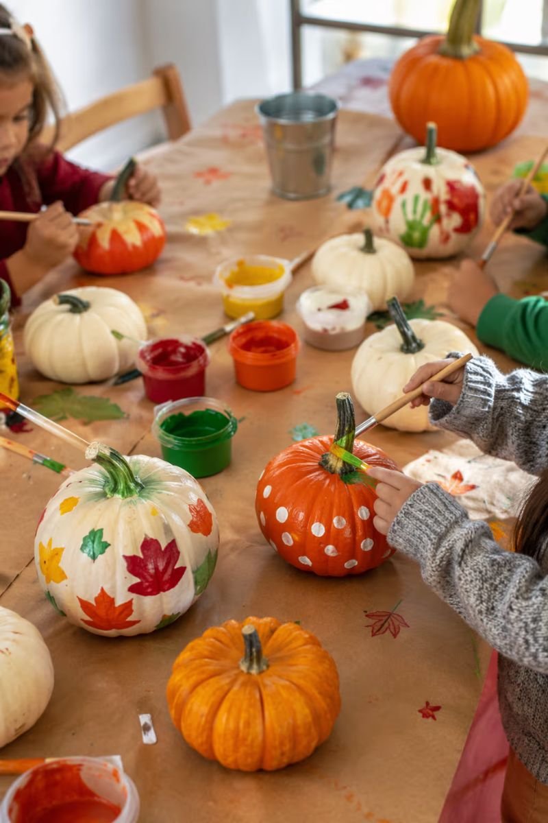 Kids Thanksgiving pumpkin painting station washable paint fall colors activity