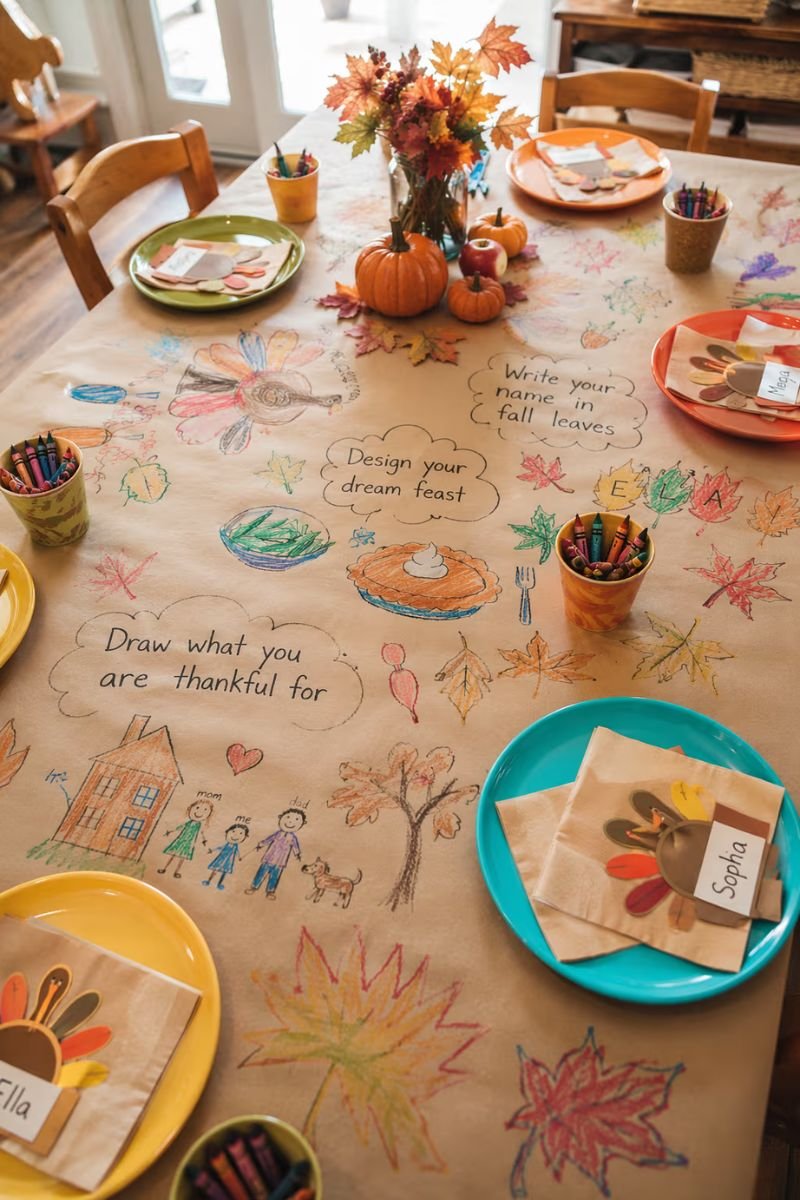 Kids Thanksgiving table kraft paper roll crayons drawing activity tablecloth