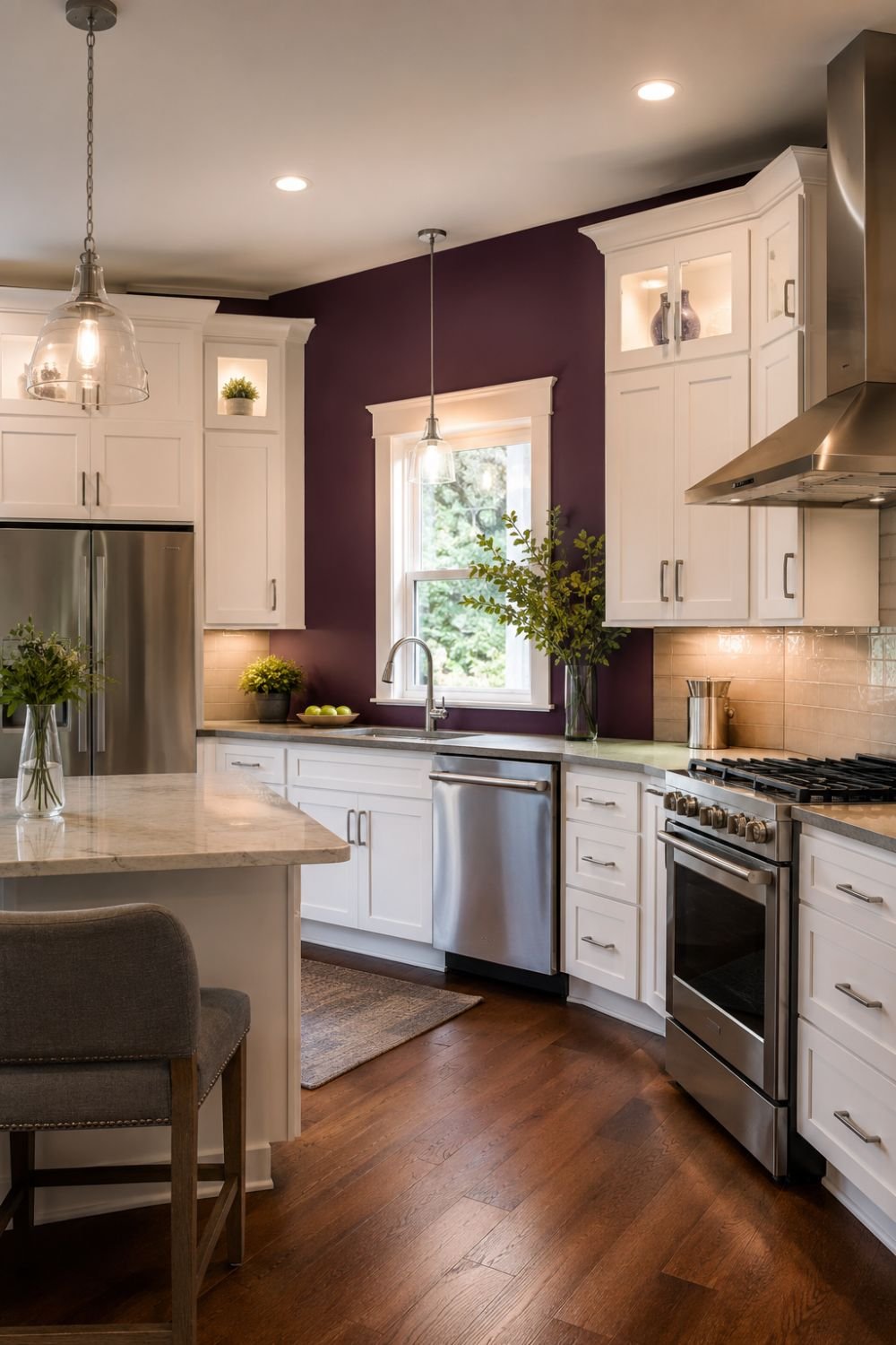 Kitchen with aubergine accent wall behind stove with white cabinets