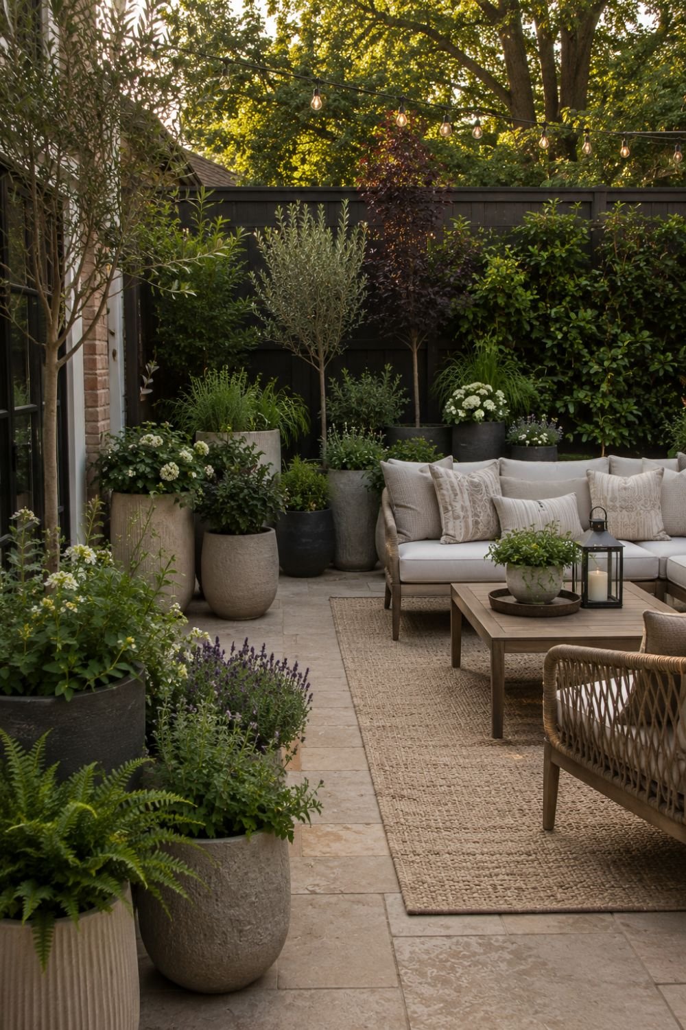 Large and small potted plants creating lush green backdrop on patio
