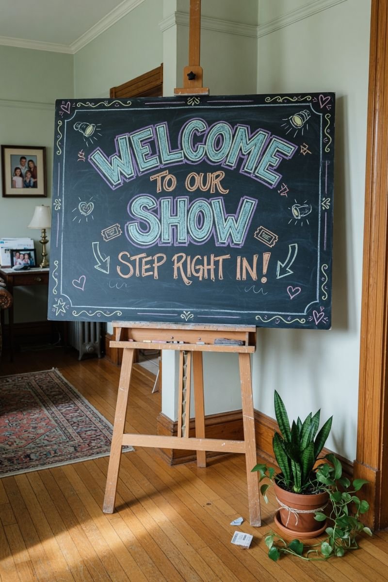 Large chalkboard sign on wooden easel with playful hand-lettered circus message