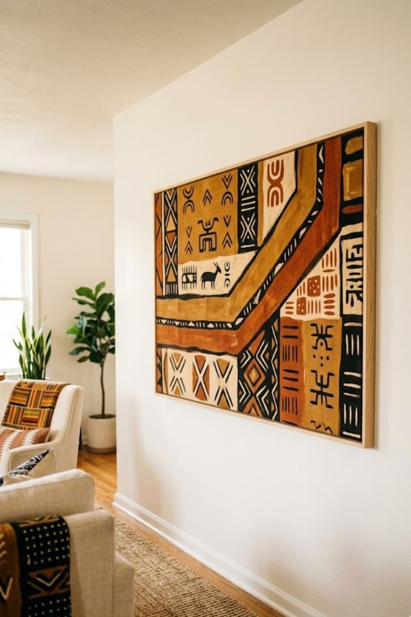 Large framed African inspired art print in ochre rust and black on a warm white wall