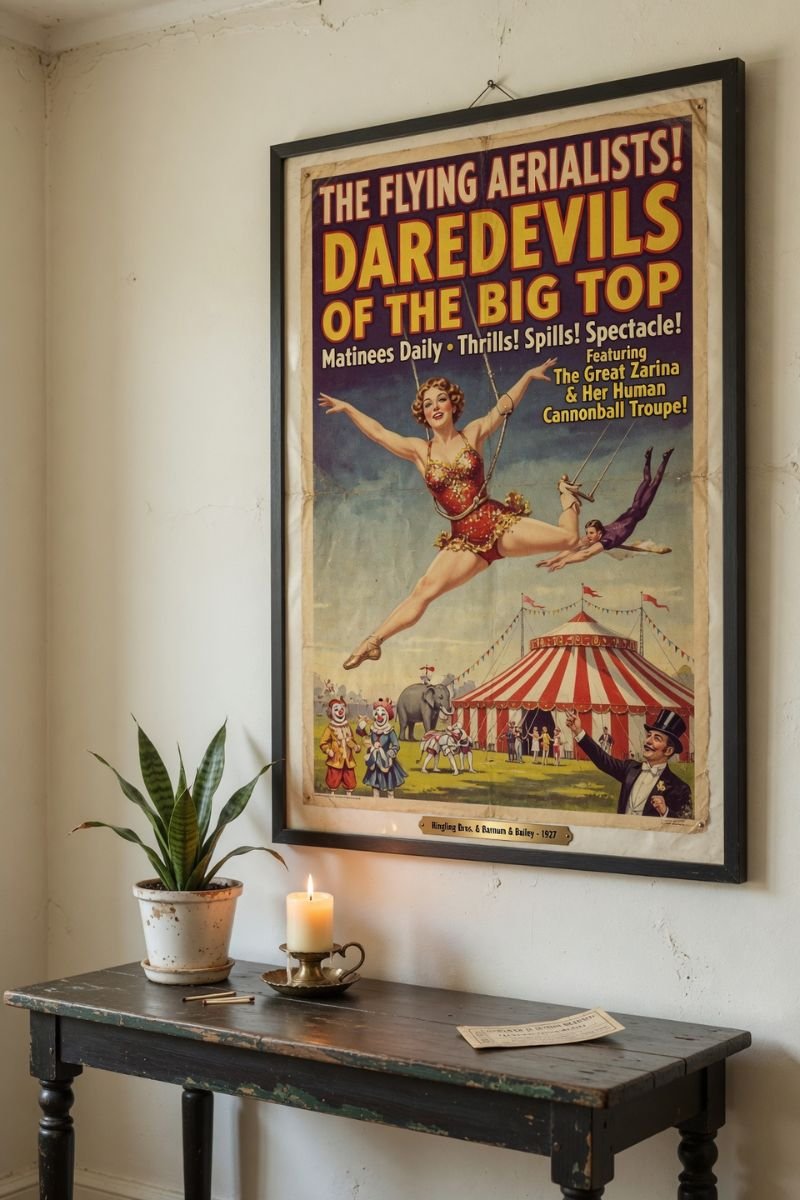 Large framed vintage circus poster above a console table with small decor