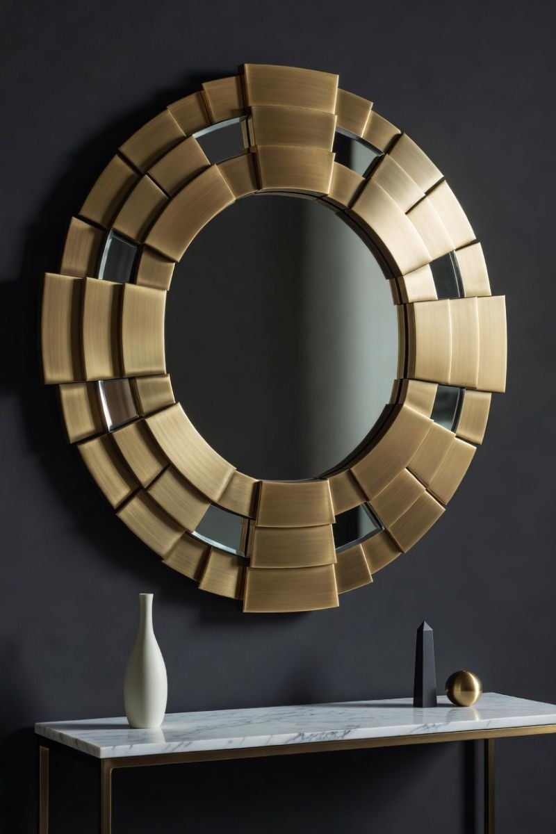 Large geometric gold mirror above a marble console table on a white wall