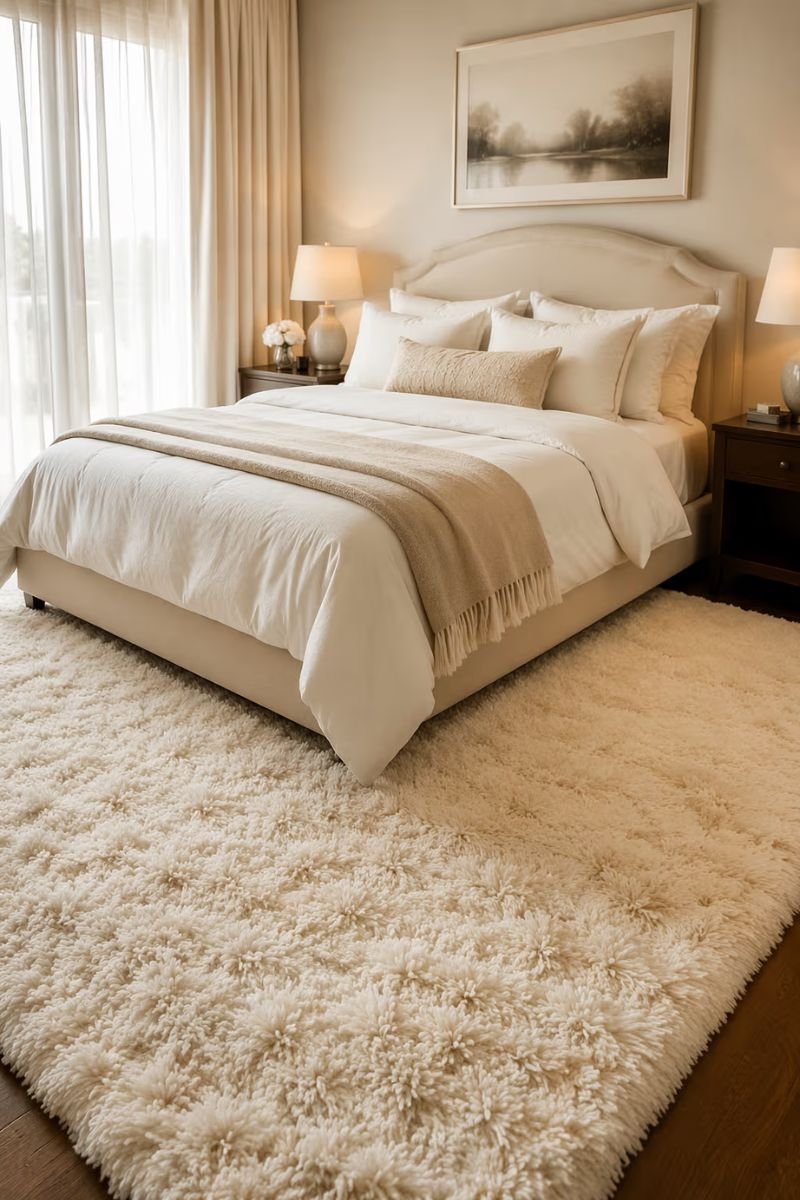 Large plush area rug under and around a cozy luxury hotel style bed