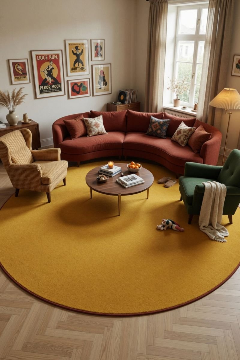 Large round red area rug centered in a living room seating arrangement