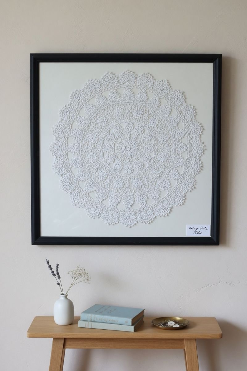 Large white doily in black frame hung on a white wall as artwork