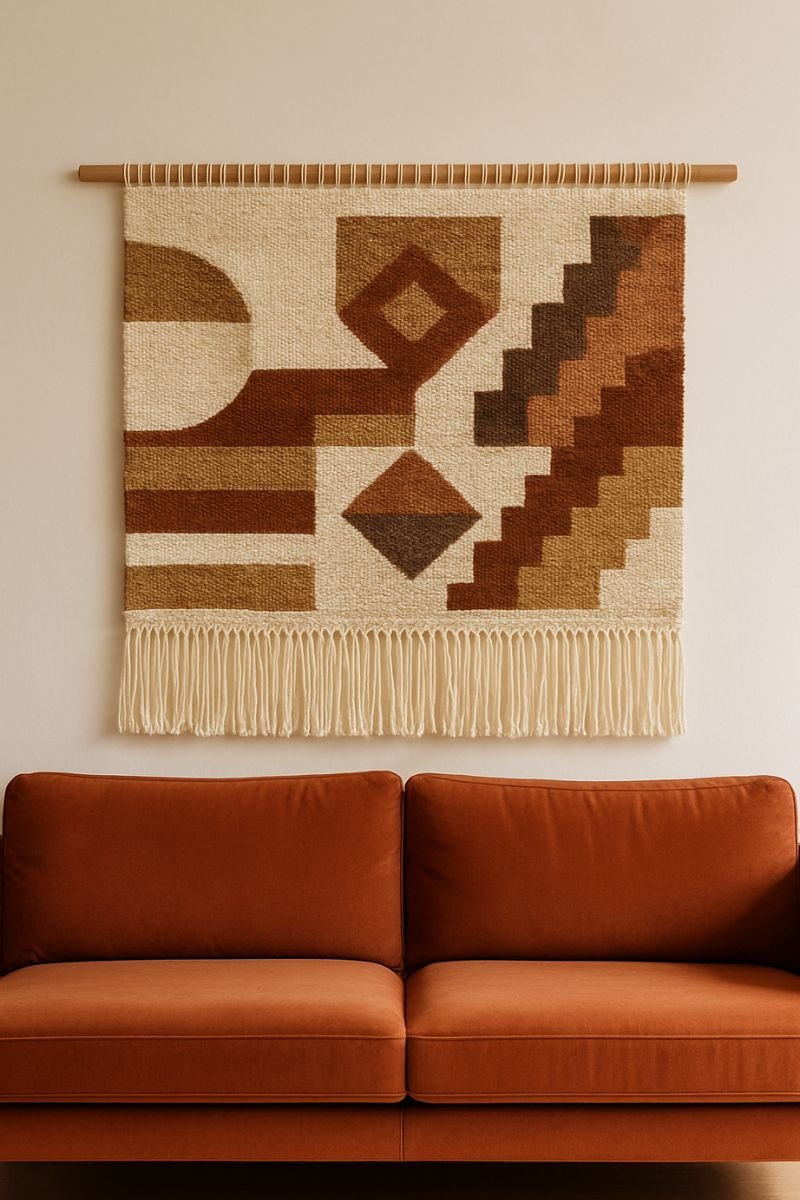 Large woven wall hanging in cream rust and brown above a terracotta sofa