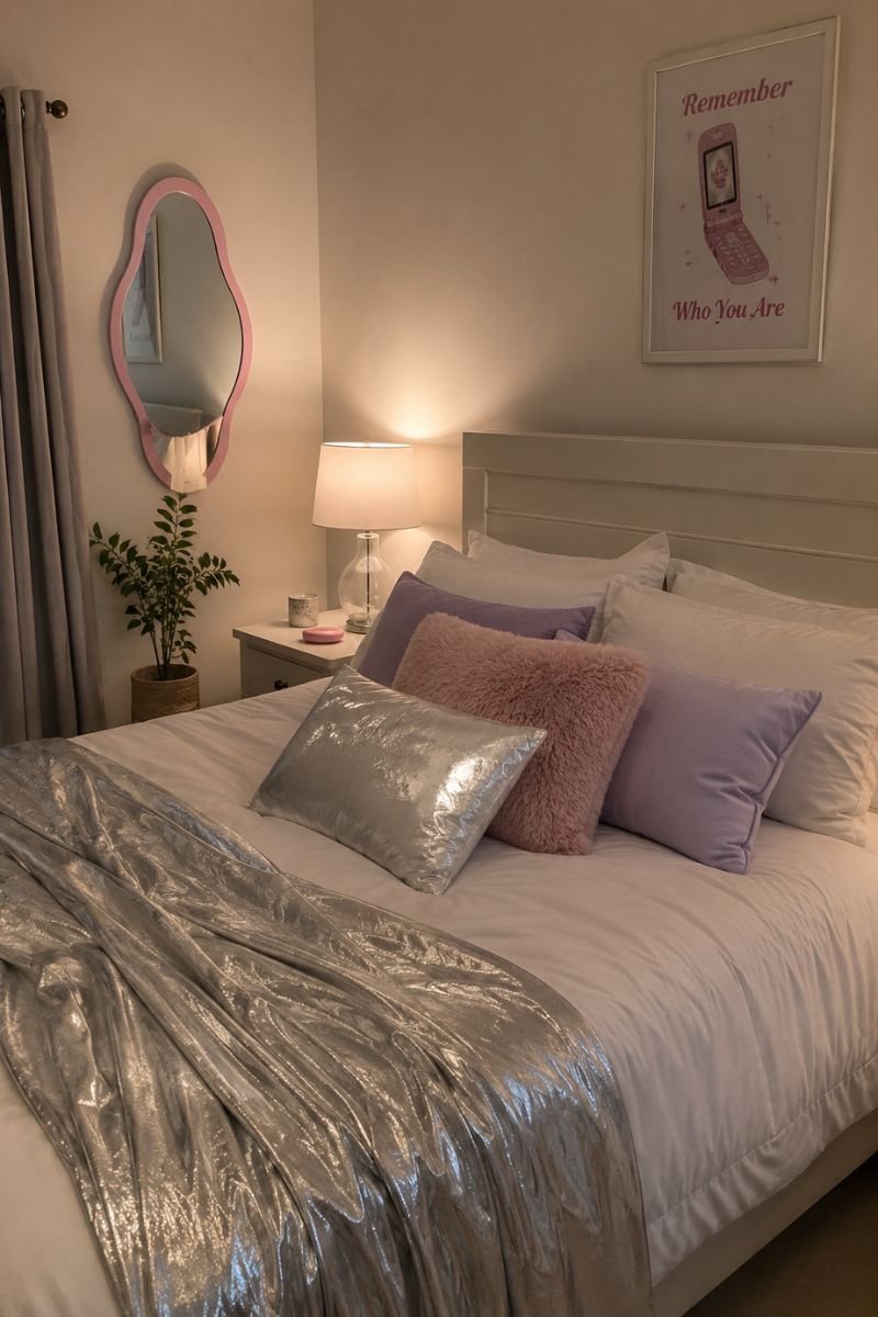 Layered bedding with pastels and metallic accents in Y2K bedroom