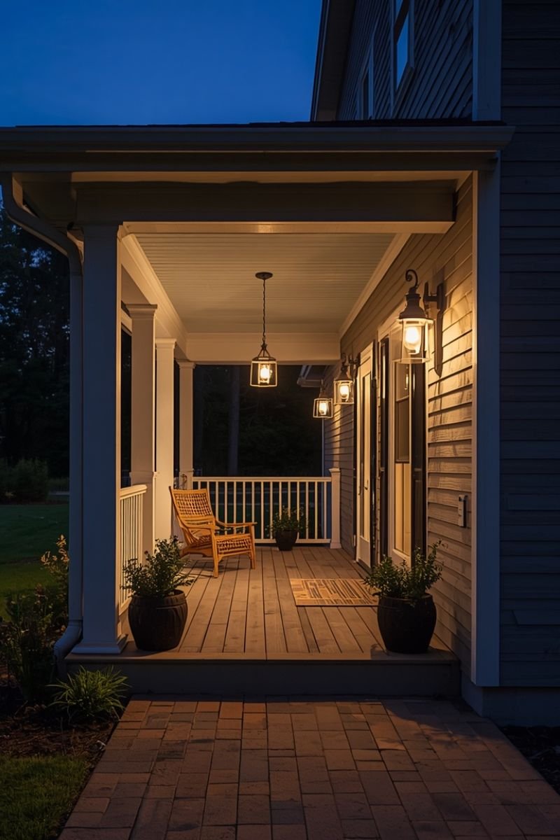 Layered coastal porch lighting with lanterns and candles at dusk