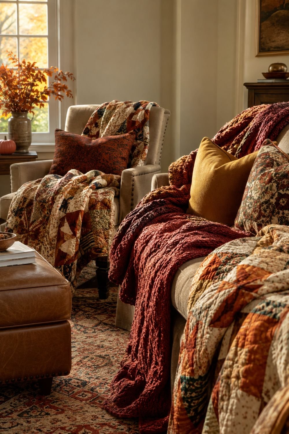 Layered fall blankets and quilts in cottagecore colors on seating