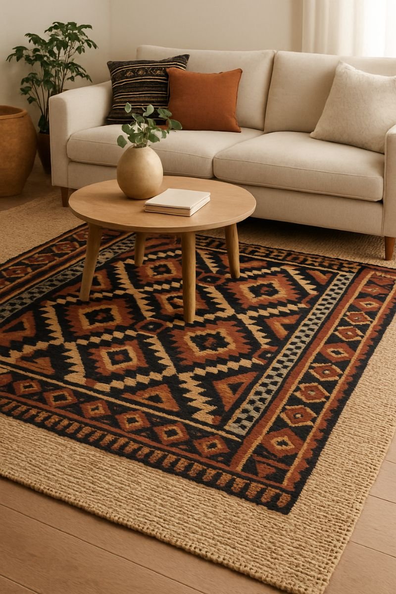 Layered jute rug with kilim pattern rug on top in an African boho living room