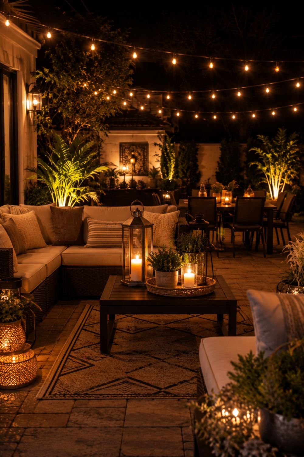 Layered outdoor lighting with string lights lanterns and uplighting creating warm atmosphere