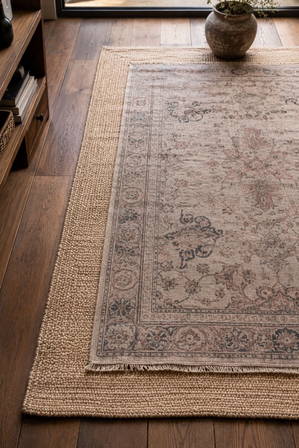 Layered rugs in cottagecore style with patterned rug over neutral base