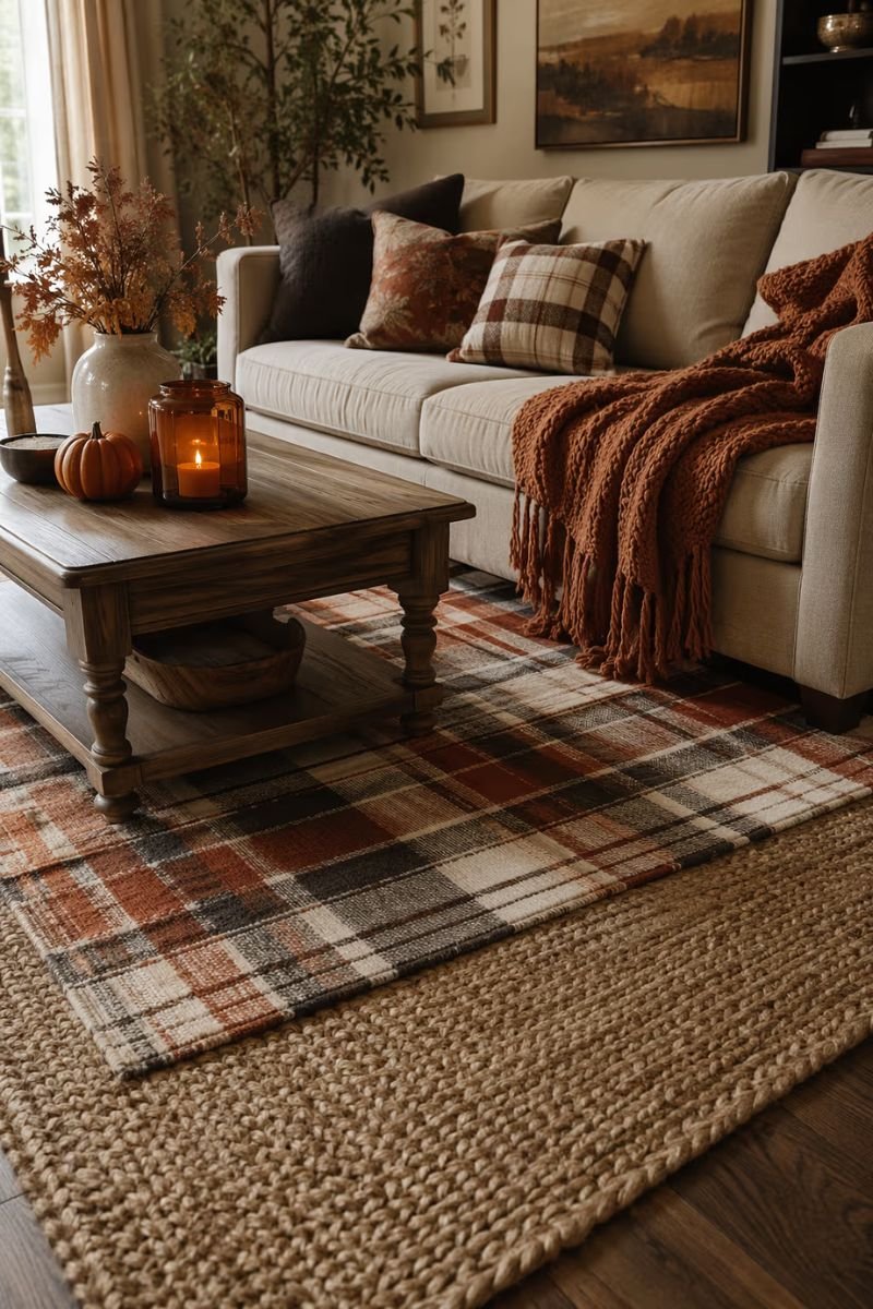 Layered rugs with jute base and plaid top rug in a cozy fall living room 