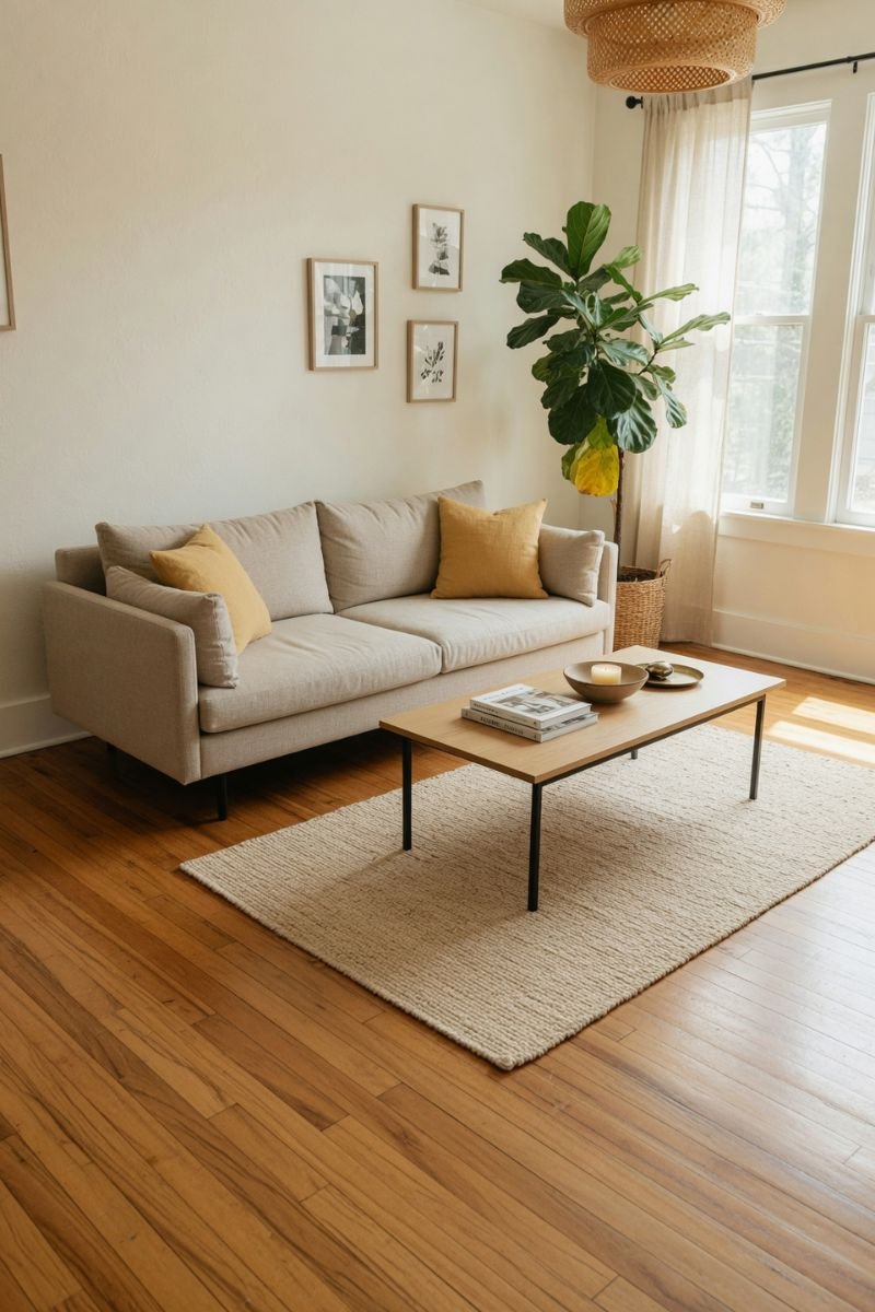 Light airy living room with bare wood floors and flat weave jute rug in summer
