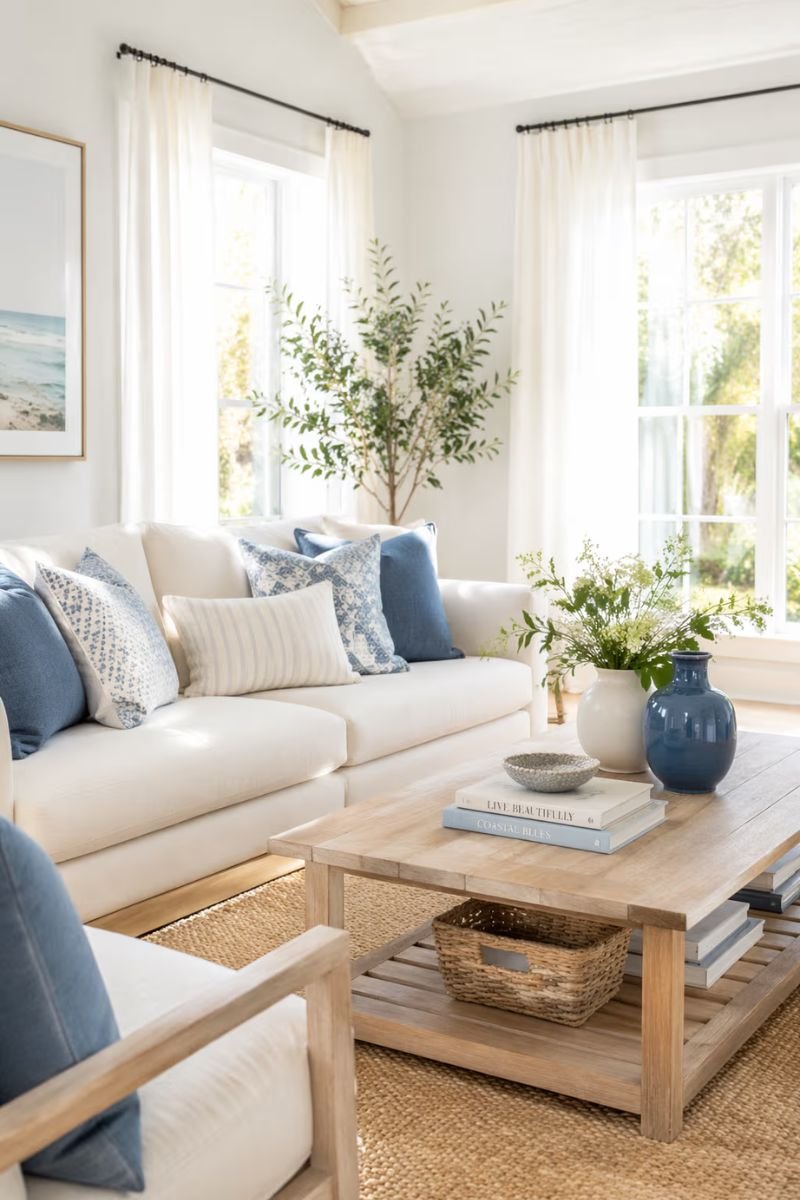 Light and airy summer living room color palette in white and soft blue