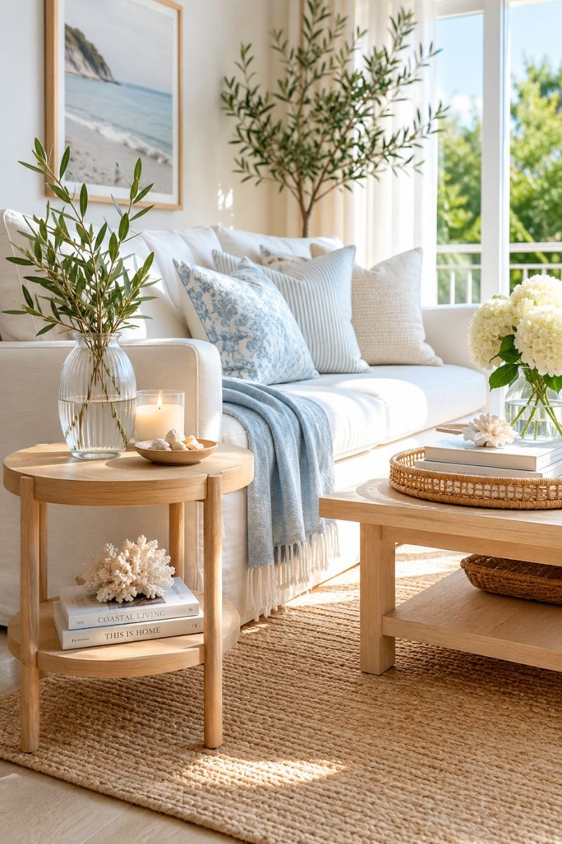 Light natural wood accents in a breezy stylish summer living room