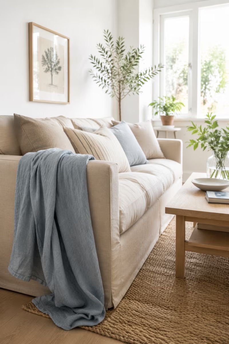 Lightweight linen throw blanket draped over sofa arm in a breezy summer living room