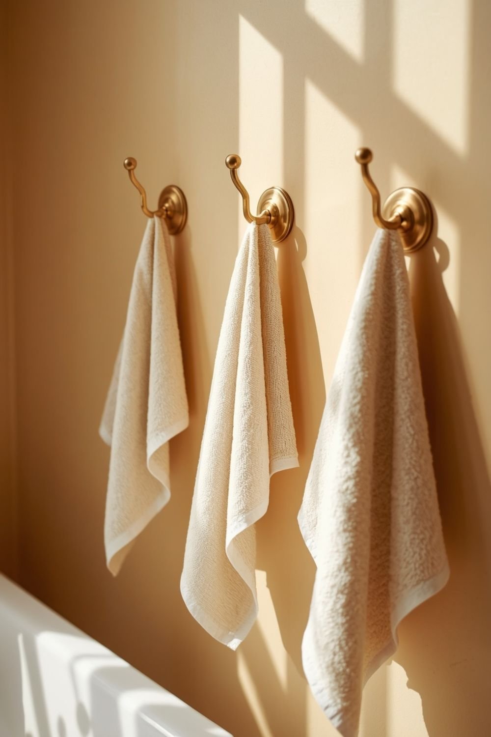 Linen hand towels hanging on a brass hook rail beside a bathroom sink